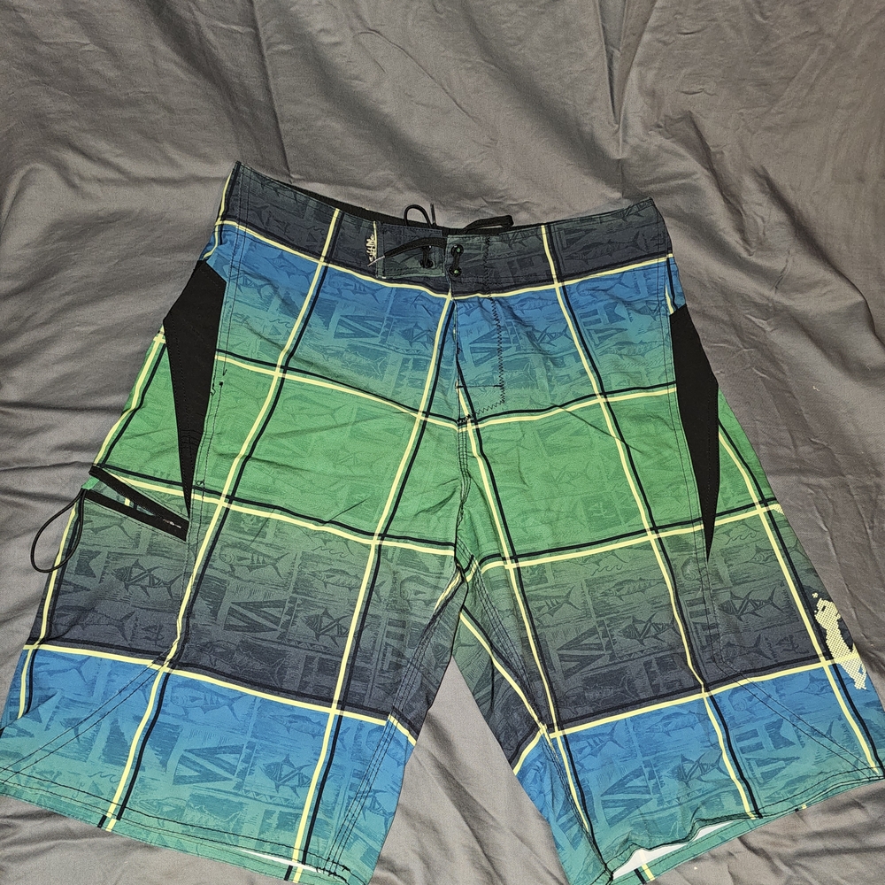 Salt Life Green and Blue Checkered Board Shorts